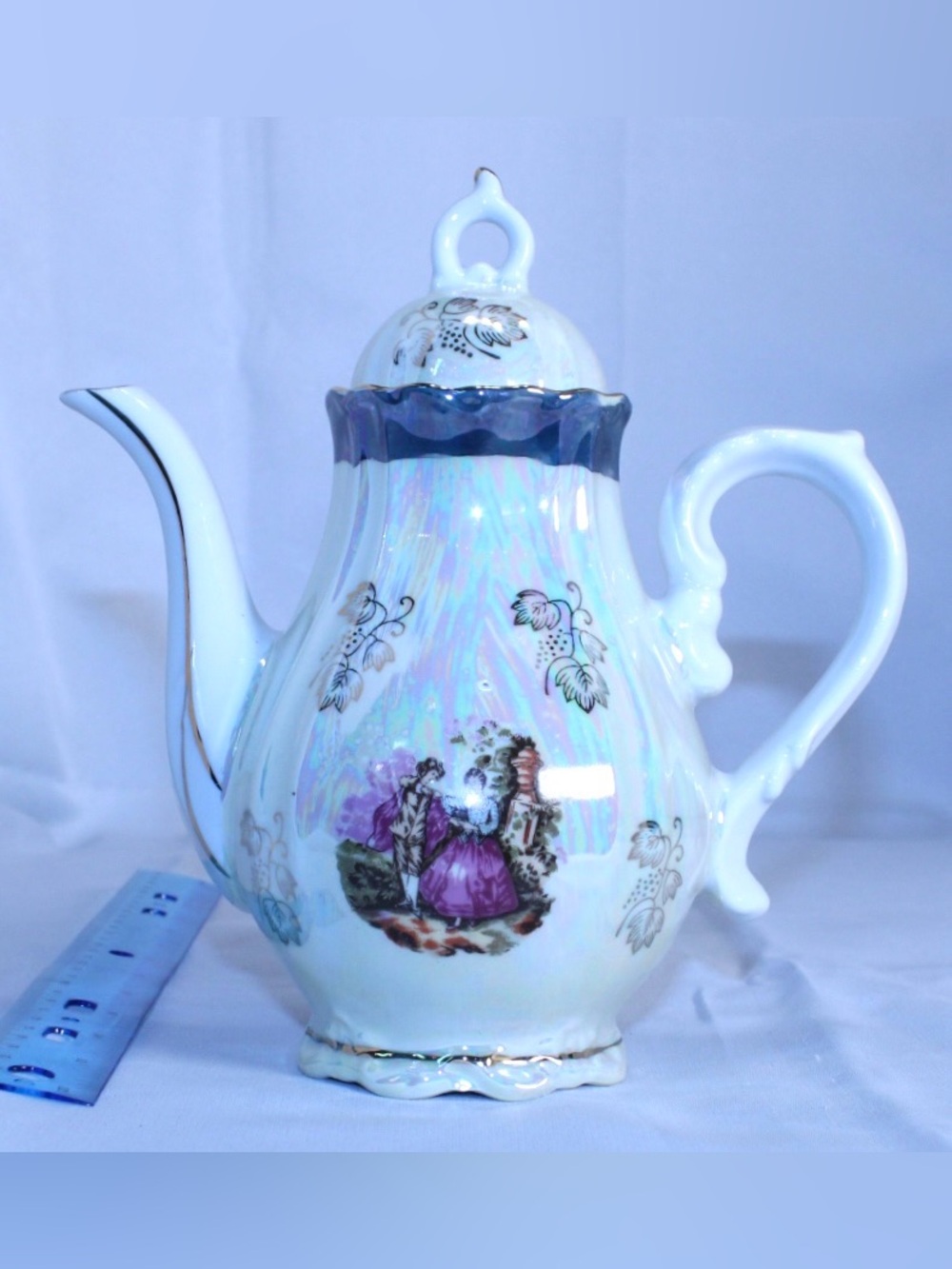 Japanese Lusterware Porcelain Teapot “Courting Couple” with Matching Lid